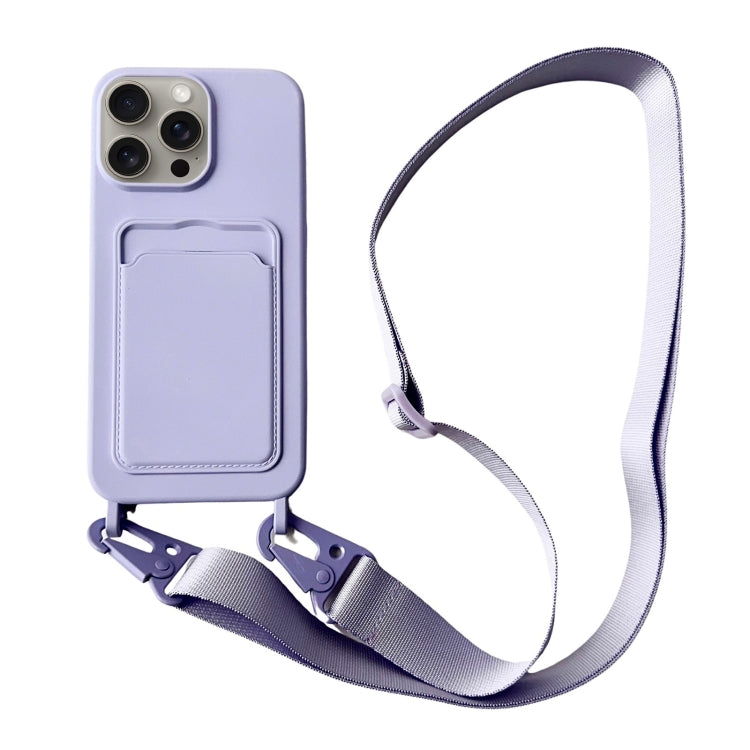 For iPhone 16 Pro Max Card Slot Liquid Silicone Phone Case with Lanyard(Light Purple) by buy2fix