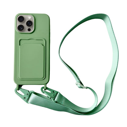 For iPhone 16 Pro Max Card Slot Liquid Silicone Phone Case with Lanyard(Matcha Green) by buy2fix