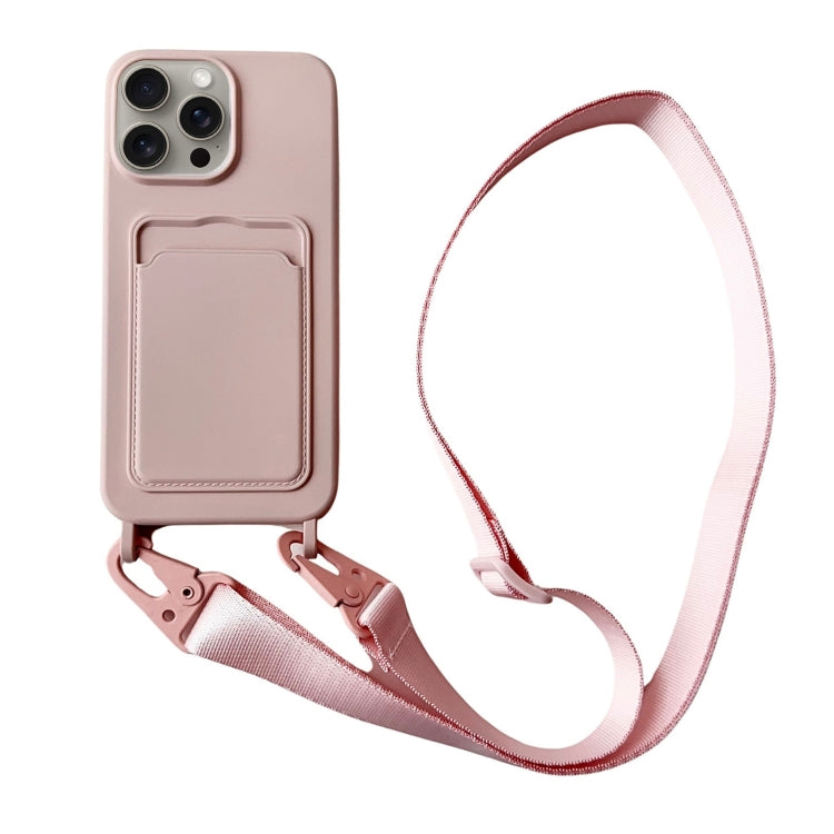 For iPhone 16 Pro Max Card Slot Liquid Silicone Phone Case with Lanyard(Light Pink) by buy2fix