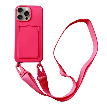 For iPhone 16 Pro Max Card Slot Liquid Silicone Phone Case with Lanyard(Rose Red) by buy2fix