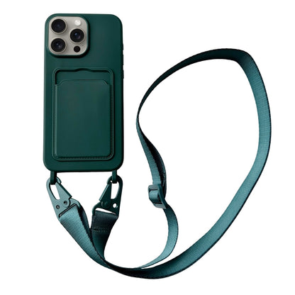 For iPhone 16 Pro Max Card Slot Liquid Silicone Phone Case with Lanyard(Dark Green) by buy2fix