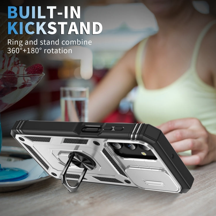 For Samsung Galaxy A15 Sliding Camshield TPU + PC Phone Case with Holder(White+Black) by buy2fix