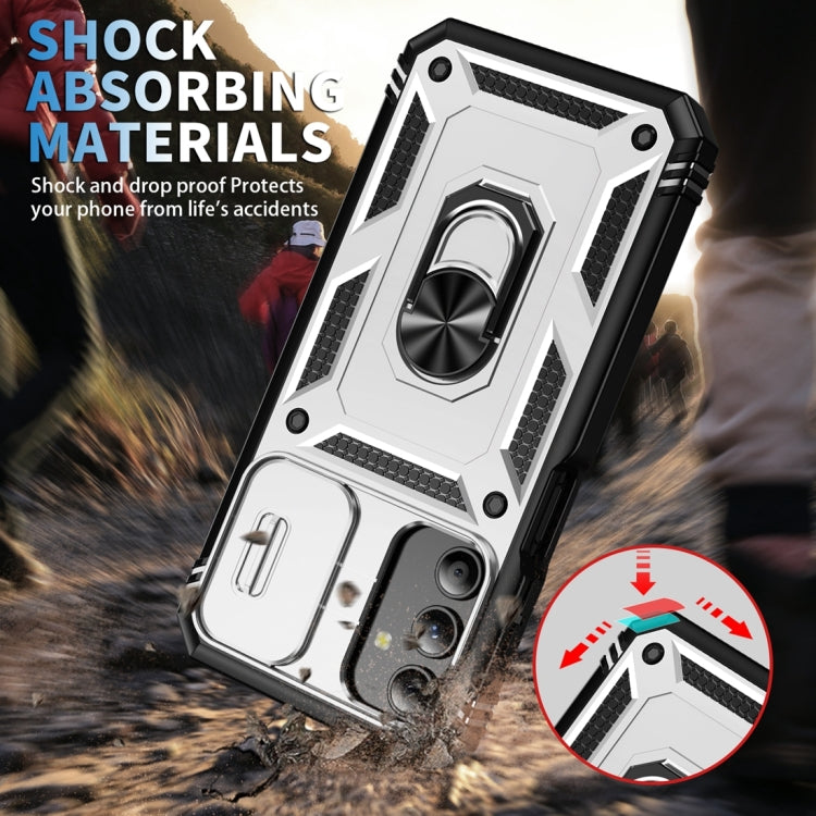 For Samsung Galaxy A15 Sliding Camshield TPU + PC Phone Case with Holder(White+Black) by buy2fix