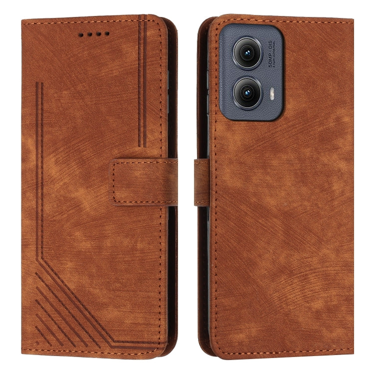 For Motorola Edge 2024 Skin Feel Stripe Pattern Leather Phone Case with Lanyard(Brown) by buy2fix