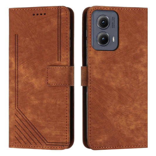 For Motorola Edge 2024 Skin Feel Stripe Pattern Leather Phone Case with Lanyard(Brown) by buy2fix