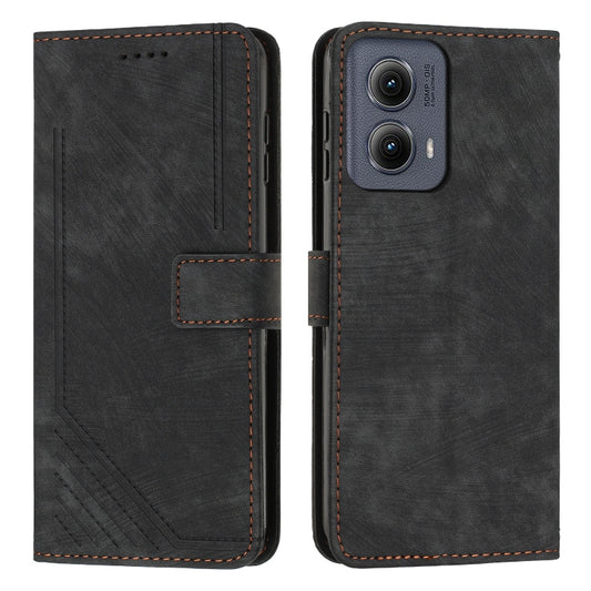 For Motorola Edge 2024 Skin Feel Stripe Pattern Leather Phone Case with Lanyard(Black) by buy2fix
