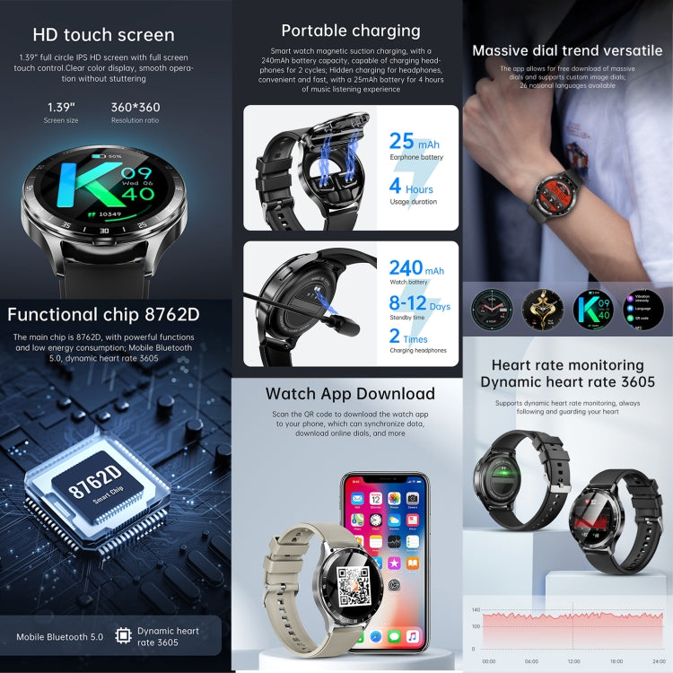 X10 Headphones Smart Watch 1.39 inch Waterproof Bracelet, Support Bluetooth Call / NFC / Heart Rate(Black + Siliver) by buy2fix