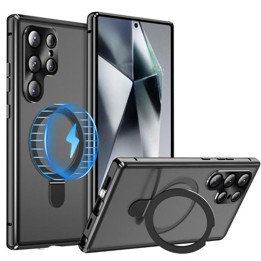 For Samsung Galaxy S25 Ultra 5G MagSafe Magnetic HD Frosted Tempered Glass Holder Phone Case(Black) - Galaxy S25 Ultra 5G Cases by buy2fix | Online Shopping UK | buy2fix