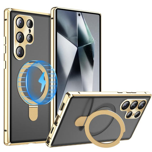 For Samsung Galaxy S25 Ultra 5G MagSafe Magnetic HD Frosted Tempered Glass Holder Phone Case(Gold) - Galaxy S25 Ultra 5G Cases by buy2fix | Online Shopping UK | buy2fix