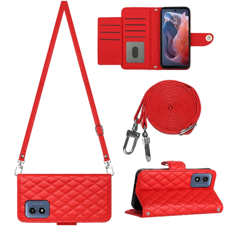 For Motorola Moto G Play 4G 2024 Rhombic Texture Flip Leather Phone Case with Long Lanyard(Red) by buy2fix