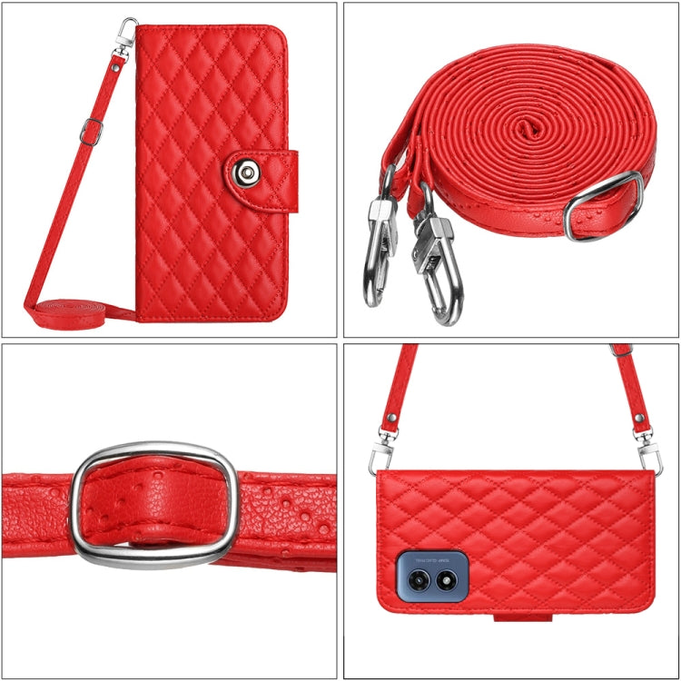 For Motorola Moto G Play 4G 2024 Rhombic Texture Flip Leather Phone Case with Long Lanyard(Red) by buy2fix