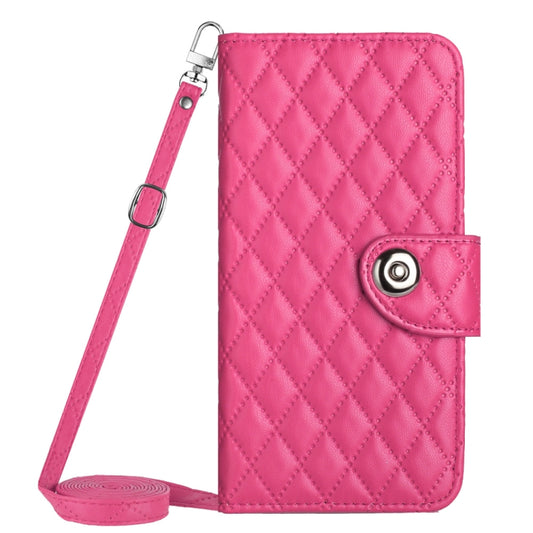 For Motorola Moto G Play 4G 2024 Rhombic Texture Flip Leather Phone Case with Long Lanyard(Rose Red) by buy2fix