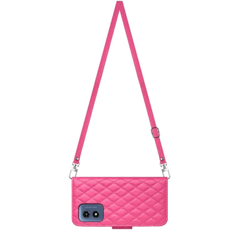 For Motorola Moto G Play 4G 2024 Rhombic Texture Flip Leather Phone Case with Long Lanyard(Rose Red) by buy2fix