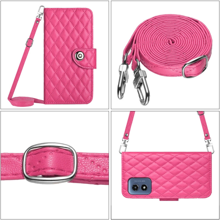 For Motorola Moto G Play 4G 2024 Rhombic Texture Flip Leather Phone Case with Long Lanyard(Rose Red) by buy2fix