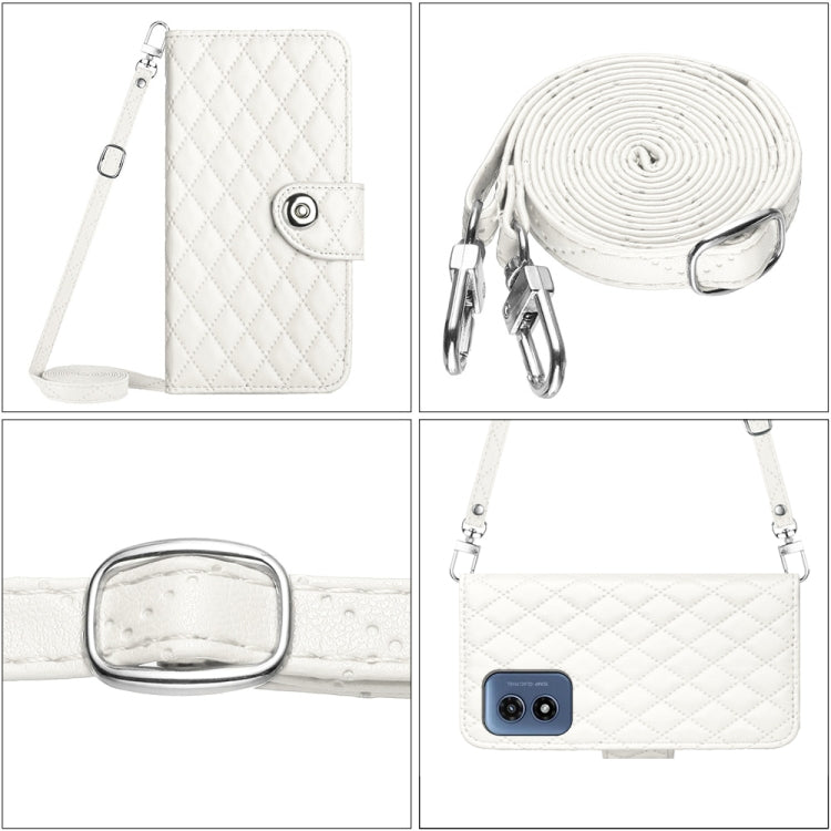 For Motorola Moto G Play 4G 2024 Rhombic Texture Flip Leather Phone Case with Long Lanyard(White) by buy2fix