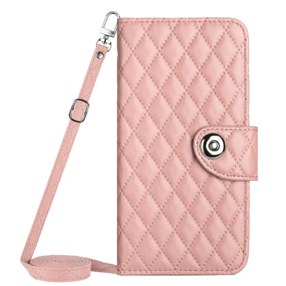 For Motorola Moto G Play 4G 2024 Rhombic Texture Flip Leather Phone Case with Long Lanyard(Coral Pink) by buy2fix