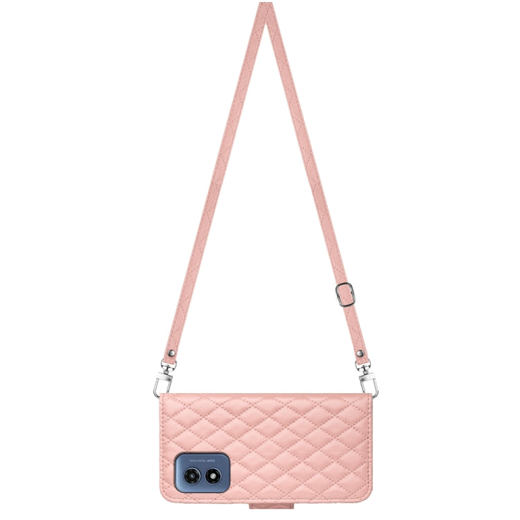 For Motorola Moto G Play 4G 2024 Rhombic Texture Flip Leather Phone Case with Long Lanyard(Coral Pink) by buy2fix