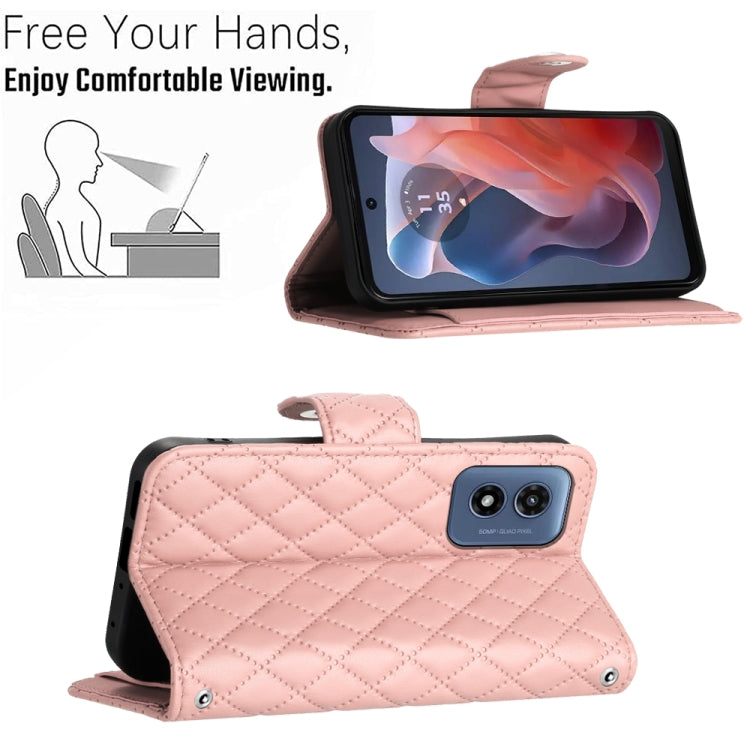 For Motorola Moto G Play 4G 2024 Rhombic Texture Flip Leather Phone Case with Long Lanyard(Coral Pink) by buy2fix