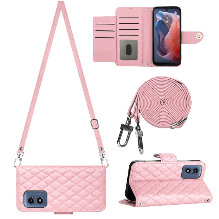 For Motorola Moto G Play 4G 2024 Rhombic Texture Flip Leather Phone Case with Long Lanyard(Pink) by buy2fix