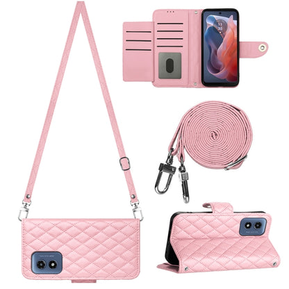 For Motorola Moto G Play 4G 2024 Rhombic Texture Flip Leather Phone Case with Long Lanyard(Pink) by buy2fix