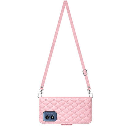 For Motorola Moto G Play 4G 2024 Rhombic Texture Flip Leather Phone Case with Long Lanyard(Pink) by buy2fix