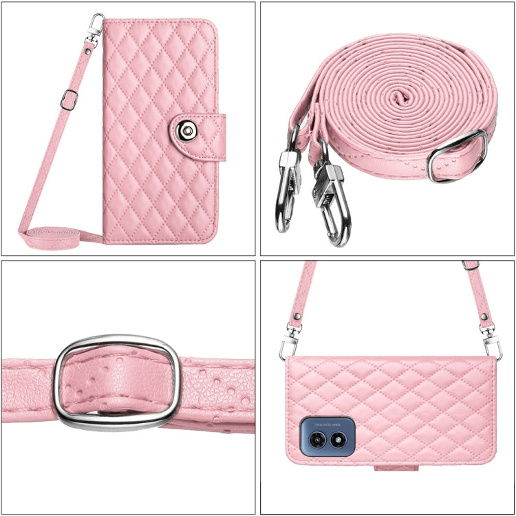 For Motorola Moto G Play 4G 2024 Rhombic Texture Flip Leather Phone Case with Long Lanyard(Pink) by buy2fix