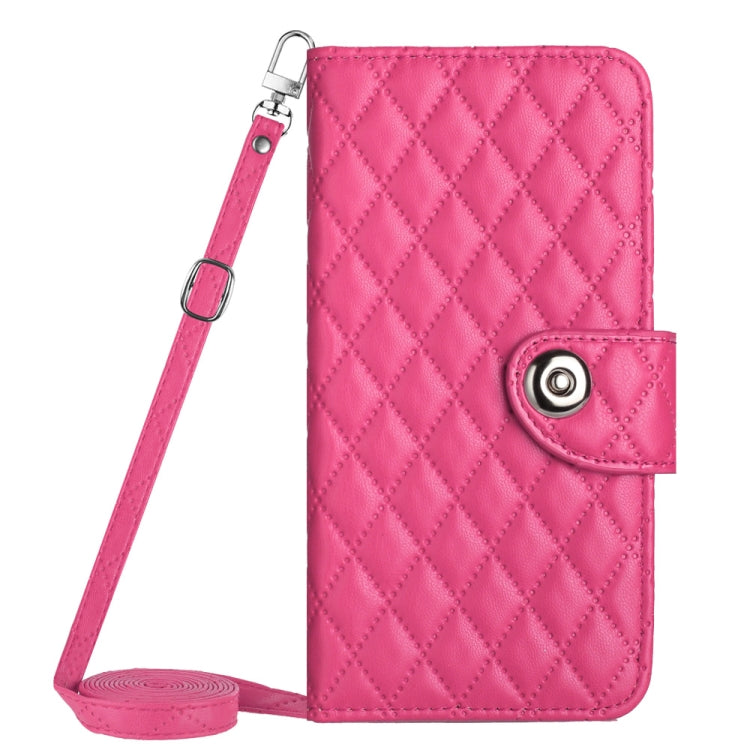 For Motorola Moto G Power 5G 2024 Rhombic Texture Flip Leather Phone Case with Long Lanyard(Rose Red) by buy2fix