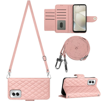 For Motorola Moto G Power 5G 2024 Rhombic Texture Flip Leather Phone Case with Long Lanyard(Coral Pink) by buy2fix