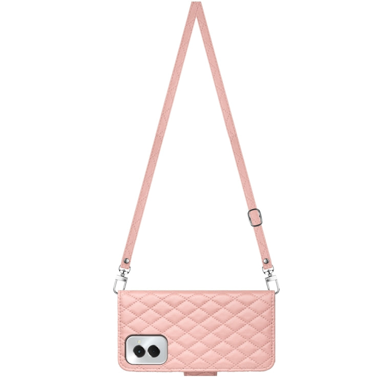 For Motorola Moto G Power 5G 2024 Rhombic Texture Flip Leather Phone Case with Long Lanyard(Coral Pink) by buy2fix