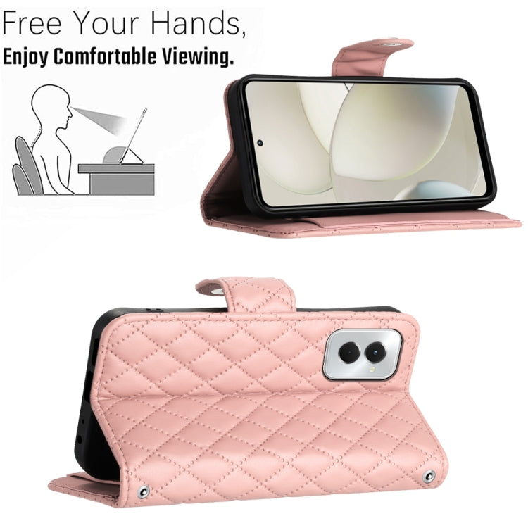 For Motorola Moto G Power 5G 2024 Rhombic Texture Flip Leather Phone Case with Long Lanyard(Coral Pink) by buy2fix