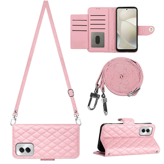 For Motorola Moto G Power 5G 2024 Rhombic Texture Flip Leather Phone Case with Long Lanyard(Pink) by buy2fix