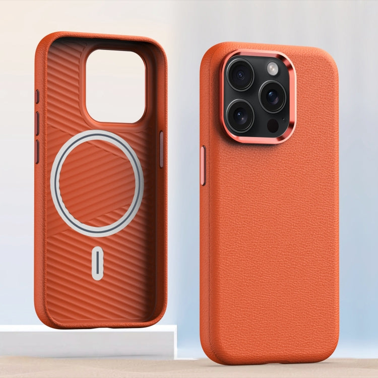 For iPhone 12 Pro Max Metal Lens Frame Leather Magsafe Full Coverage Shockproof Phone Case(Orange) by buy2fix