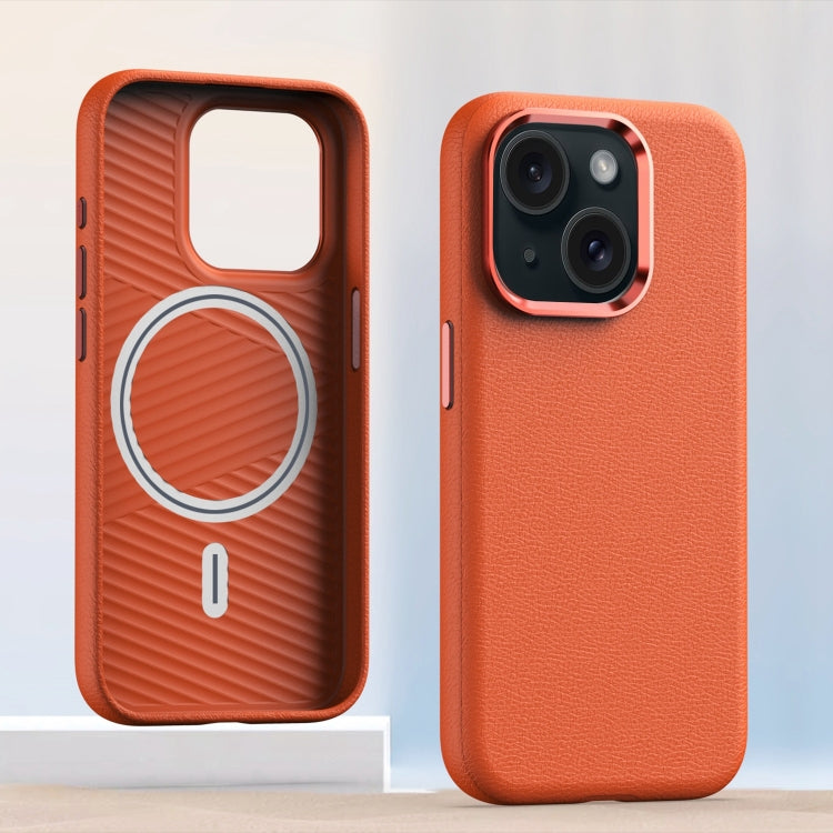 For iPhone 13 Metal Lens Frame Leather Magsafe Full Coverage Shockproof Phone Case(Orange) by buy2fix