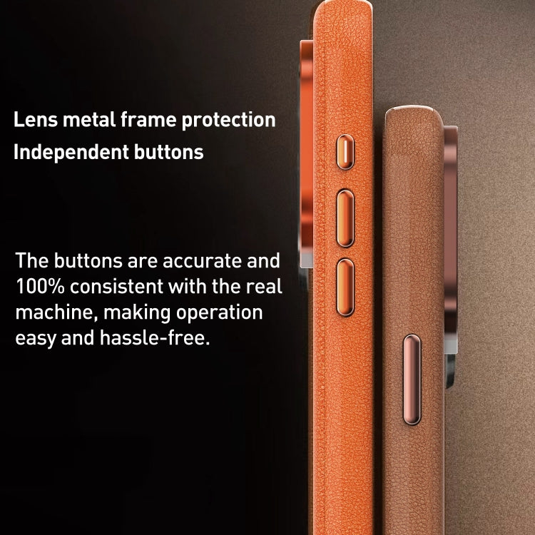For iPhone 12 Pro Max Metal Lens Frame Leather Magsafe Full Coverage Shockproof Phone Case(Orange) by buy2fix