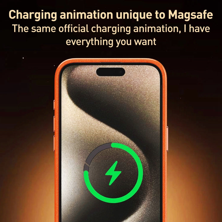 For iPhone 13 Metal Lens Frame Leather Magsafe Full Coverage Shockproof Phone Case(Orange) by buy2fix