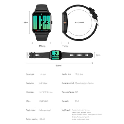 QS13 1.83 inch BT5.2 Smart Sport Watch, Support Bluetooth Call / Sleep / Blood Sugar / Blood Oxygen / Heart Rate / Blood Pressure Health Monitor(Black) by buy2fix