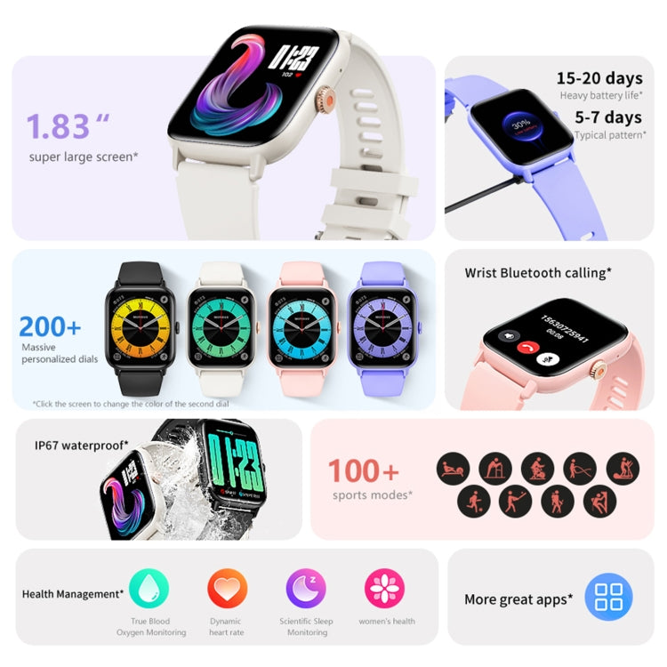 QS13 1.83 inch BT5.2 Smart Sport Watch, Support Bluetooth Call / Sleep / Blood Sugar / Blood Oxygen / Heart Rate / Blood Pressure Health Monitor(Pink) by buy2fix
