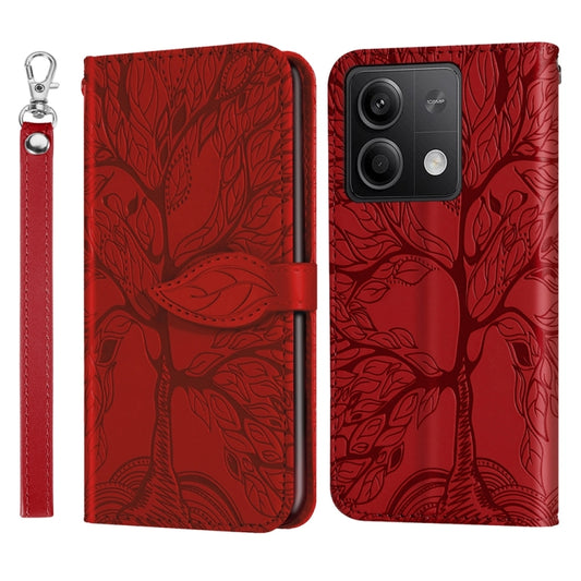 For Xiaomi Redmi Note 13 5G Life Tree Embossing Pattern Leather Phone Case(Red) - Xiaomi Cases by buy2fix | Online Shopping UK | buy2fix