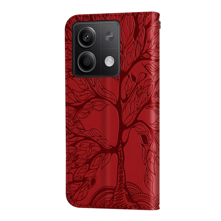 For Xiaomi Redmi Note 13 5G Life Tree Embossing Pattern Leather Phone Case(Red) - Xiaomi Cases by buy2fix | Online Shopping UK | buy2fix
