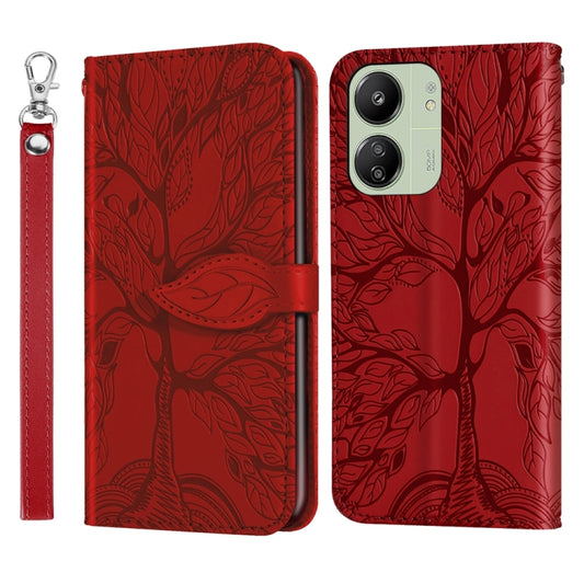 For Xiaomi Redmi 13C 4G / 5G Life Tree Embossing Pattern Leather Phone Case(Red) - Xiaomi Cases by buy2fix | Online Shopping UK | buy2fix