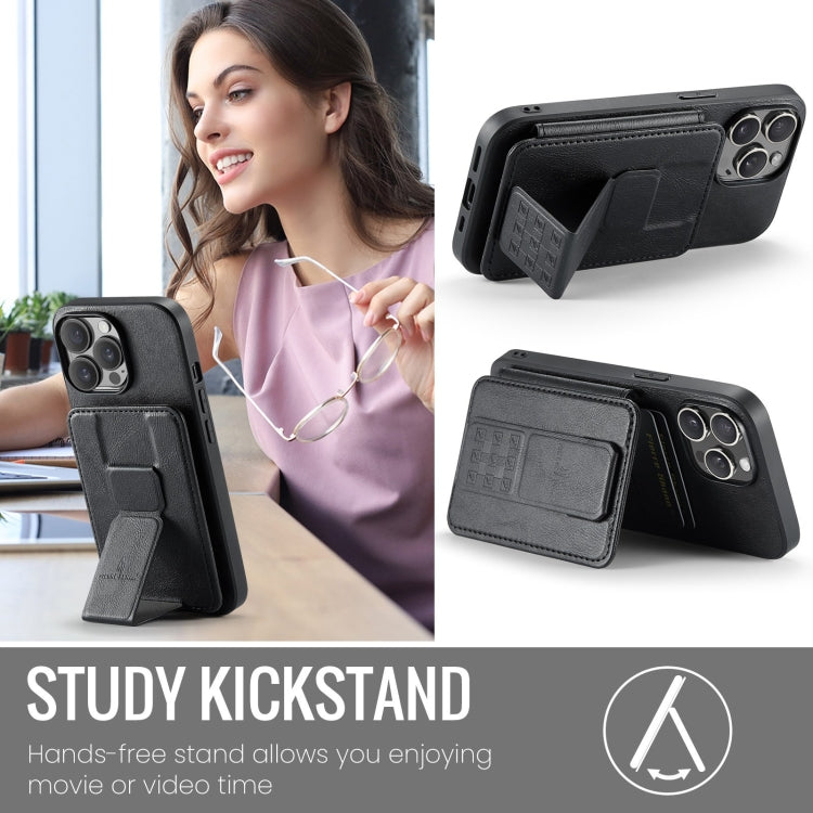 For iPhone 15 Pro Max Fierre Shann Oil Wax Cow Leather Card Holder Back Phone Case(Black) by FIERRE SHANN