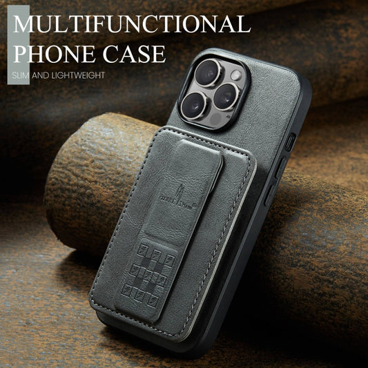 For iPhone 15 Pro Max Fierre Shann Oil Wax Cow Leather Card Holder Back Phone Case(Grey) by FIERRE SHANN