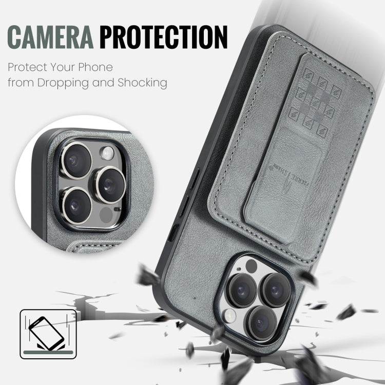 For iPhone 15 Pro Max Fierre Shann Oil Wax Cow Leather Card Holder Back Phone Case(Grey) by FIERRE SHANN