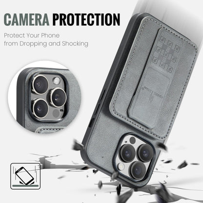 For iPhone 15 Pro Max Fierre Shann Oil Wax Cow Leather Card Holder Back Phone Case(Grey) by FIERRE SHANN