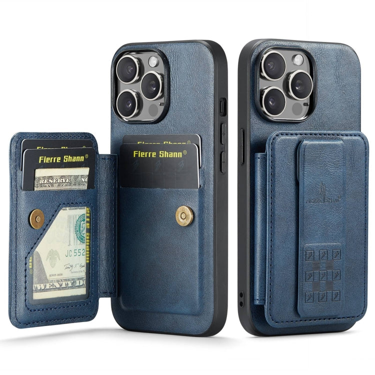 For iPhone 15 Pro Max Fierre Shann Oil Wax Cow Leather Card Holder Back Phone Case(Blue) by FIERRE SHANN