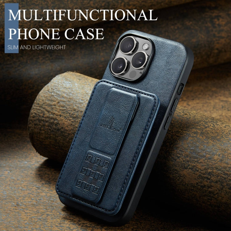 For iPhone 15 Pro Max Fierre Shann Oil Wax Cow Leather Card Holder Back Phone Case(Blue) by FIERRE SHANN