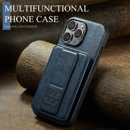 For iPhone 15 Pro Max Fierre Shann Oil Wax Cow Leather Card Holder Back Phone Case(Blue) by FIERRE SHANN