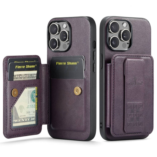 For iPhone 15 Pro Max Fierre Shann Oil Wax Cow Leather Card Holder Back Phone Case(Purple) by FIERRE SHANN