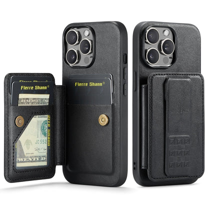 For iPhone 15 Pro Fierre Shann Oil Wax Cow Leather Card Holder Back Phone Case(Black) - iPhone 15 Pro Cases by FIERRE SHANN | Online Shopping UK | buy2fix