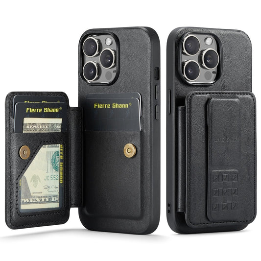 For iPhone 15 Pro Fierre Shann Oil Wax Cow Leather Card Holder Back Phone Case(Black) - iPhone 15 Pro Cases by FIERRE SHANN | Online Shopping UK | buy2fix